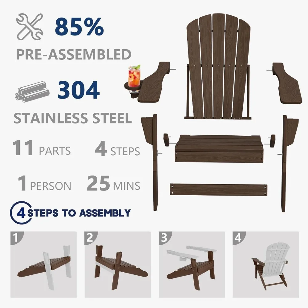 مجموعة كراسي آديرونداك قابلة للطي مكونة من 2، حامل أكواب، محكم خشبي، مجموعة مريحة ثقيلة في جميع الأحوال الجوية HDPE بجانب حمام السباحة في الفناء الخلفي
