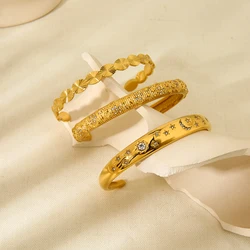 Stylish Stainless Steel 18k Gold Plated Metal Moon Star Texture Open Cuff Bangle Bracelets for Women Waterproof Party Jewelry