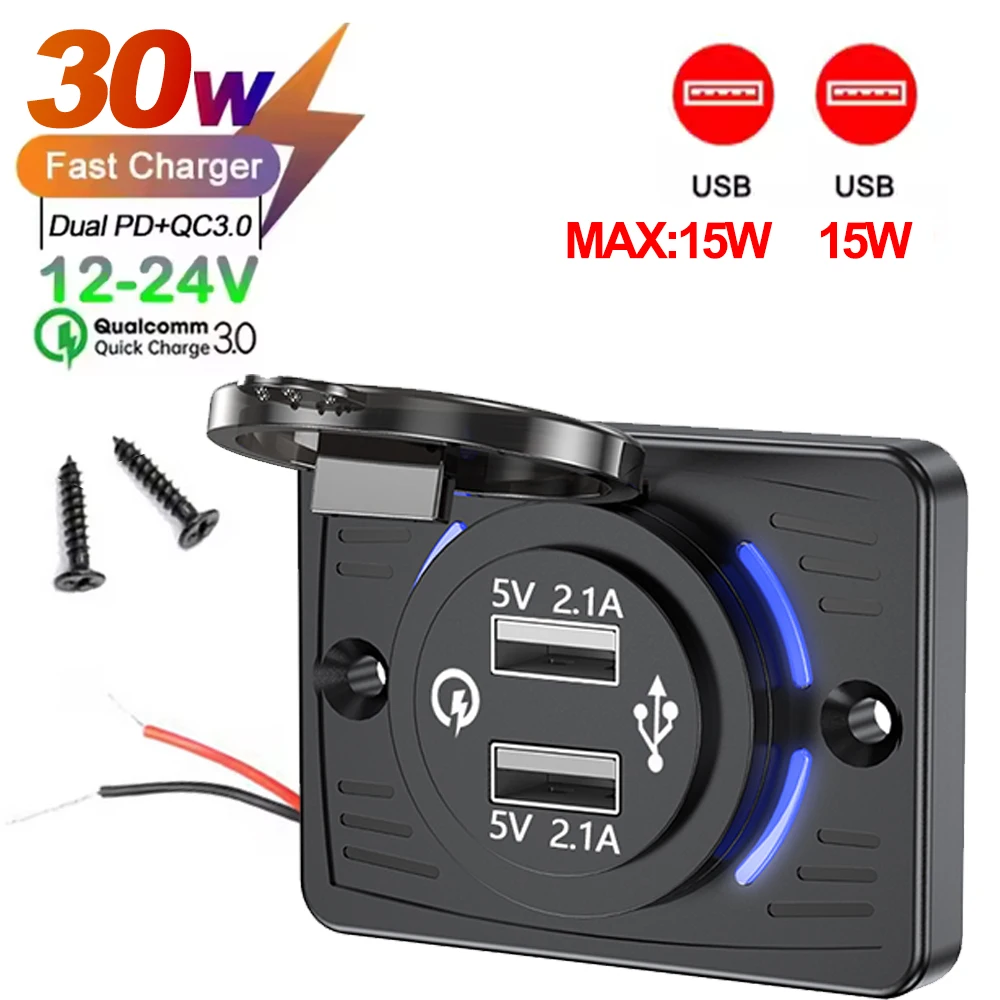 Wandmontierter Ladegerät-Adapter, 2–4 Ports, USB-Steckdose, QC 22,5 W PD 30 W Typ-C-Schnellladung, QC3.0-Panel, Bus, ATV, LKW