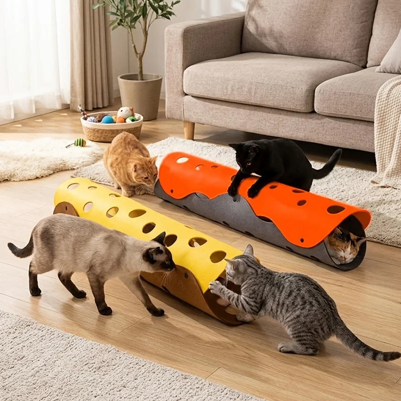 Tunnel pour chat en feutre – Tunnel de jeu interactif pliable avec trous découpés pour chats, cachette douce et divertissement d'exploration, facile à nettoyer