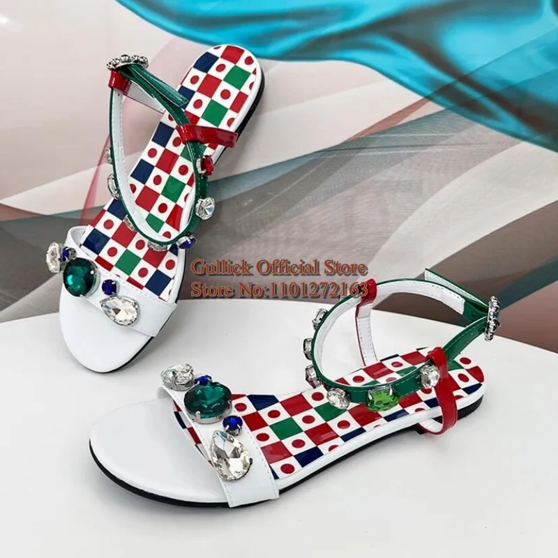 

Bohemia Style Flat Beach Sandals Leather Printed Pattern Open Toe Ankle Strap Rhinestone Female Outside Dress Sandals