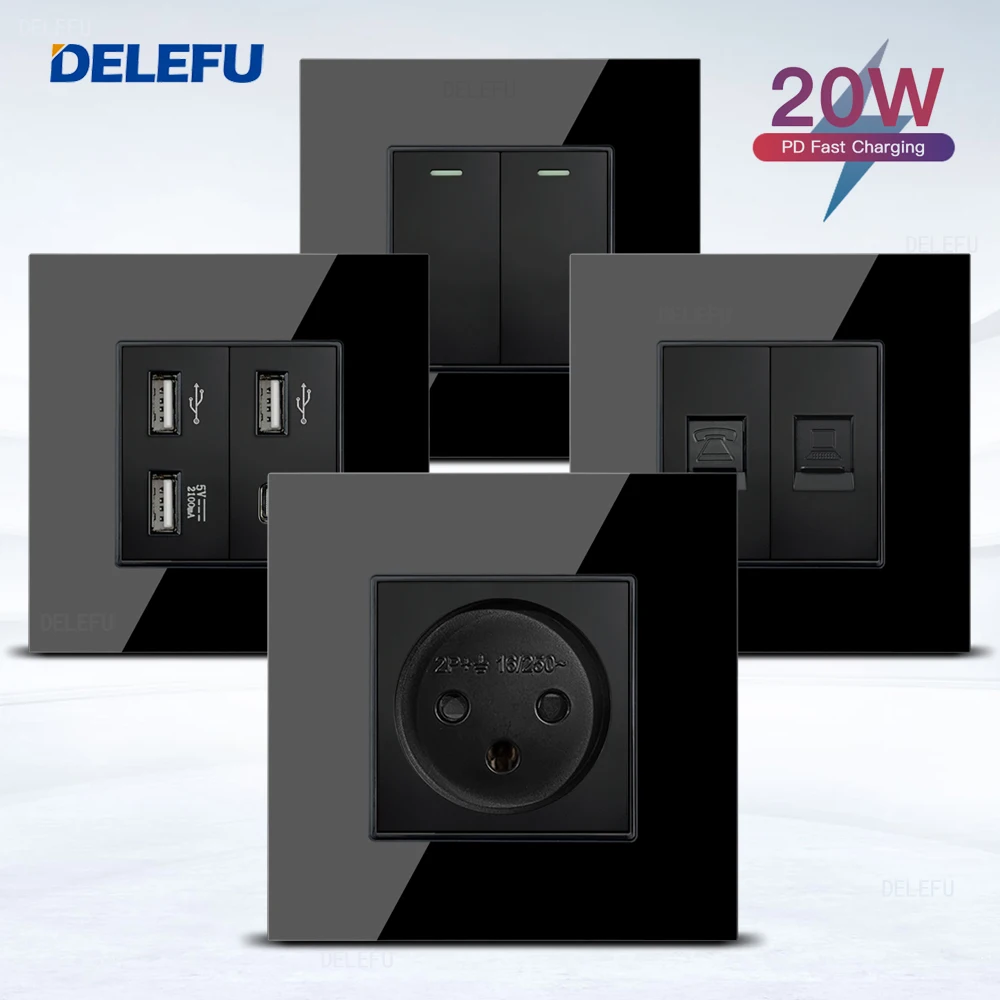 

DELEFU Glass A18 Panel 86mm Black Israeli Standard USB C-type Fast Charging Wall Socket Switch TV Phone CAT5 CAT6
