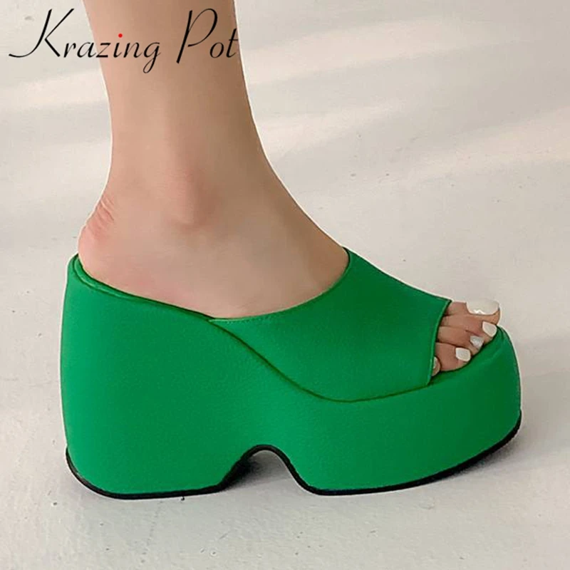 Krazing Pot Microfiber Mules Wedges Summer Platform Peep Toe Extreme Super High Heel Big Size 43 Dating Slip on Women Sandals