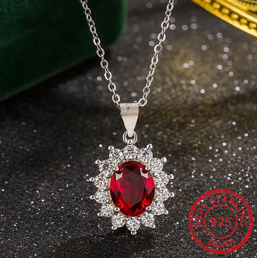 2.5ct Princess Diana Natural Red Garnet 925 Sterling Silver Engagement Pendant Necklace for Woman Gemstone Fine Jewelry