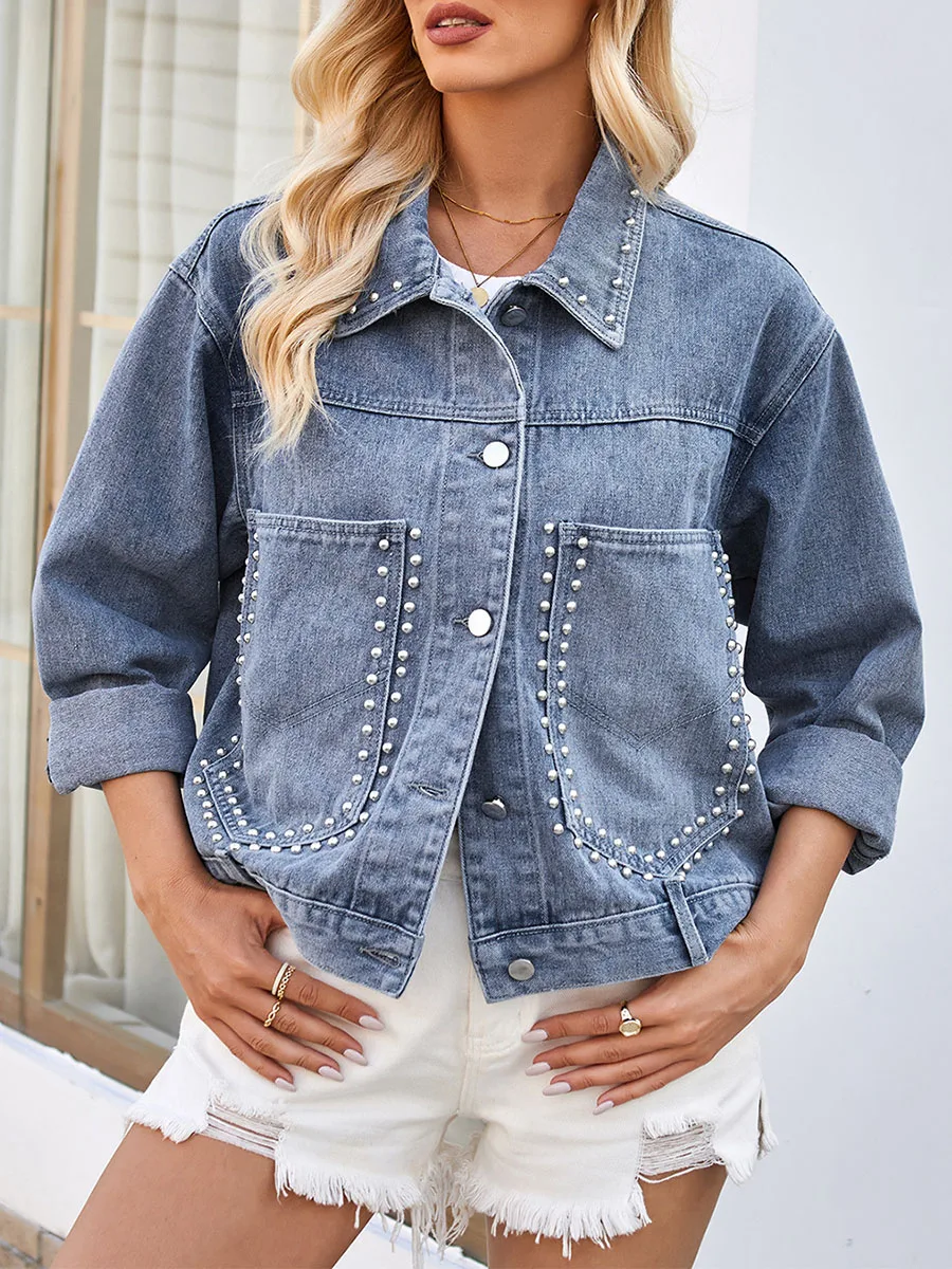 New Fashion Women Fall Denim Jackets With Pockets Rivet Button Down Turn Down Collar Long Sleeve Casual Jean Coats S-XL