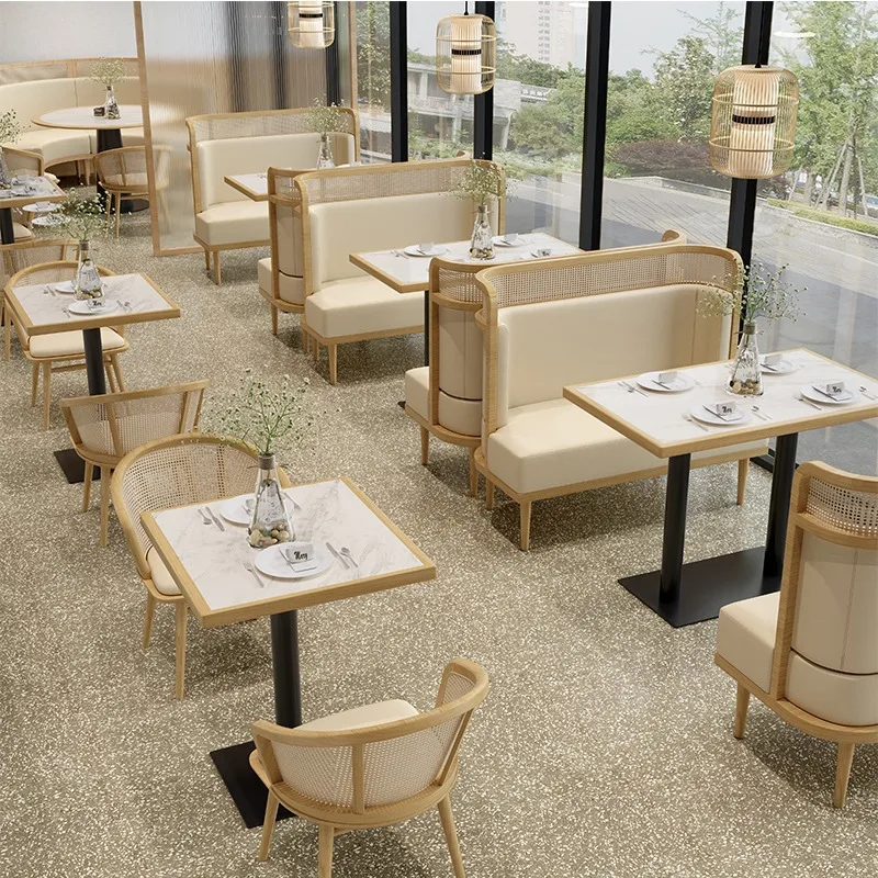

Nordic restaurant complete set of dining tables and chairs solid wood rattan dining chairs oil wax leather card seat
