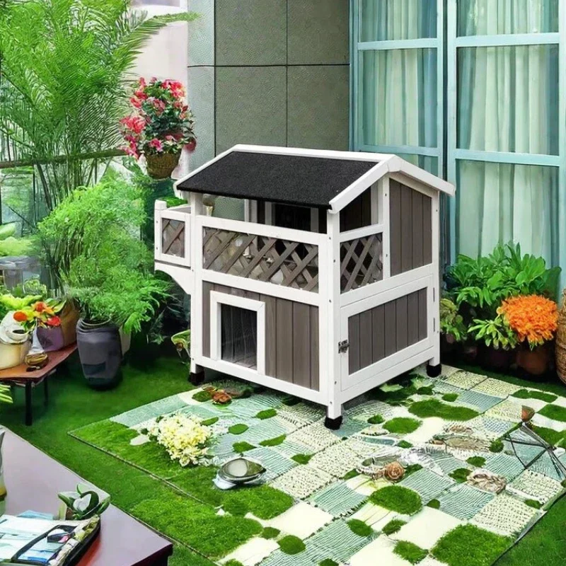 Cat house outdoor solid wood double-layer luxury cat villa rainproof stray cat house indoor and outdoor universal winter warm