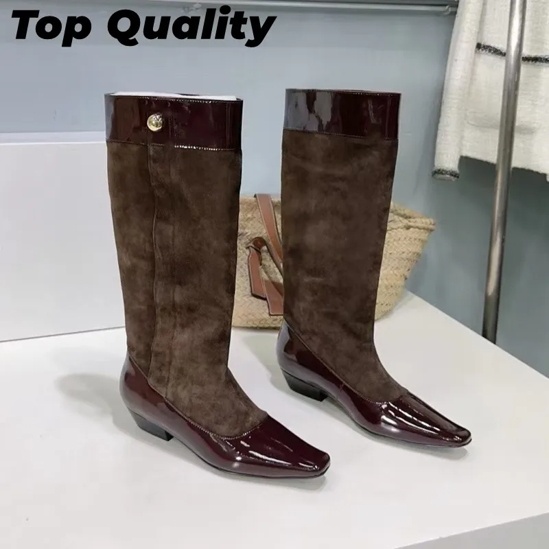 Women's niche minimalist patchwork color metal decoration classic mid heeled boots women's leather elastic long boots