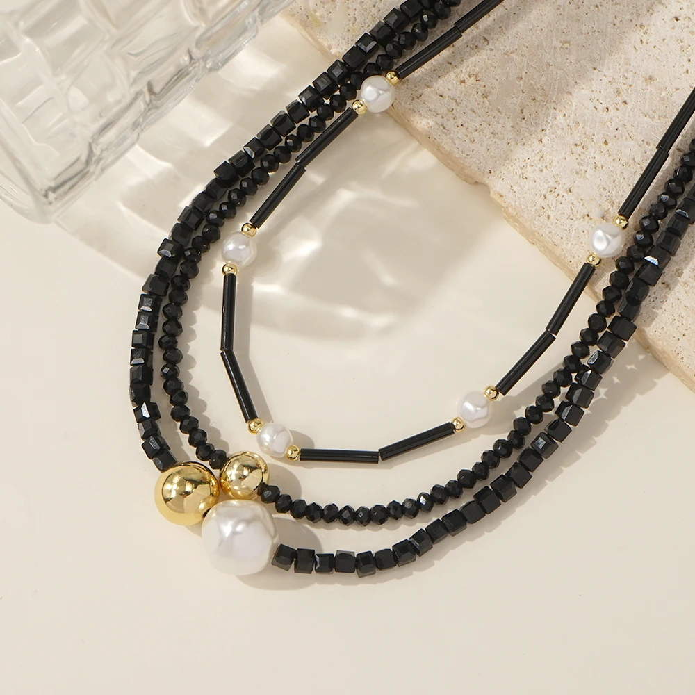 Go2boho Layered Black and Gold Plated Beaded Necklace with Faux Pearls Handmade Adjustable Jewelry for Women Gift
