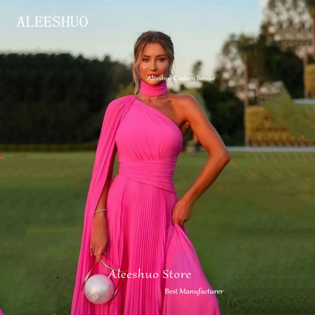 Aleeshuo-vestido plisado De gasa para mujer, traje Sexy De gasa con un hombro descubierto, manga tipo capa, longitud hasta el suelo, color fucsia