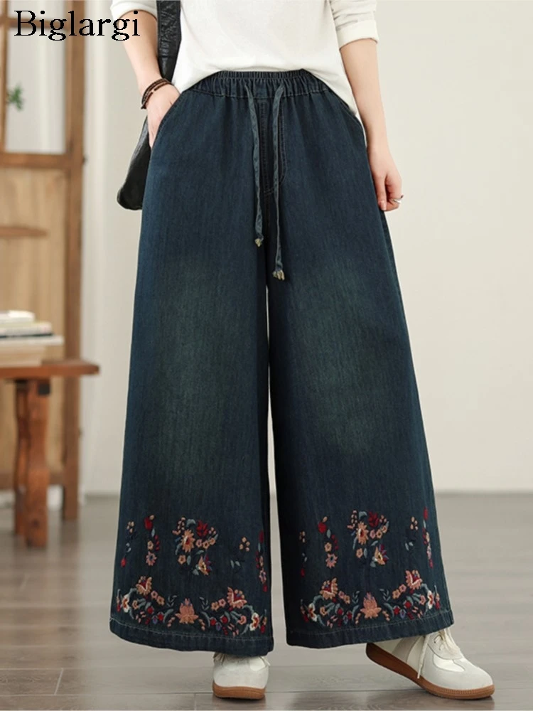 

Oversized Spring Denim Pants Women Flower Embroidery Fashion Elastic High Waist Ladies Wide Leg Loose Casual Woman Jeans