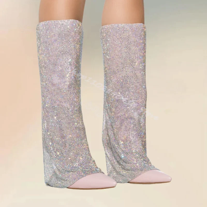 

Pink Glitter Turned Over Pointed Toe Boots Slip On Women Shoes Thin High Heels Fashion Party Banquet 2024 Zapatos Para Mujere