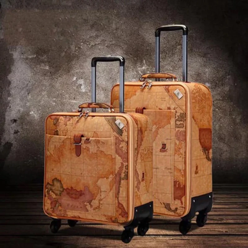 Retro map travel luggage popular carry on trolley suitcase men business travel valise women boarding bag fashion trolley case