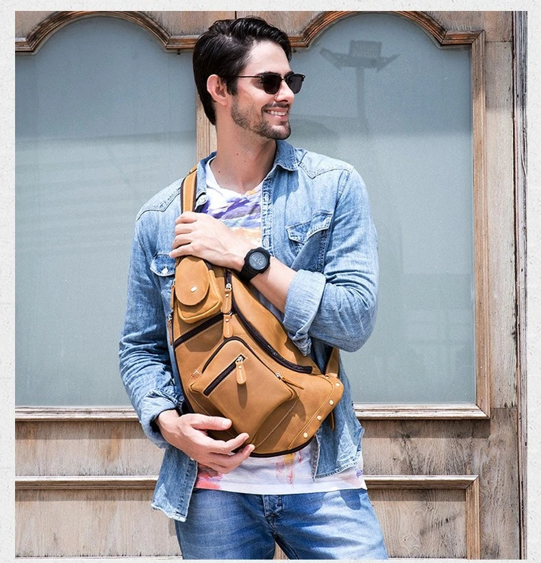 

Retro men's chest bag crazy horse leather multi-pocket large capacity oblique span backpack commuting large capacity travel bag