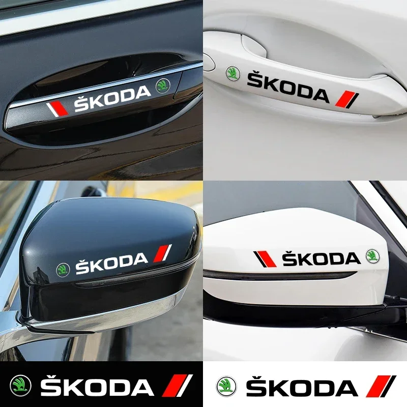 4PCS Car Styling Door Handle Decoration Stickers Decals For Skoda Octavia Rapid Fabia Superb Kodiaq Scala Karoq Kamiq VRS Yeti