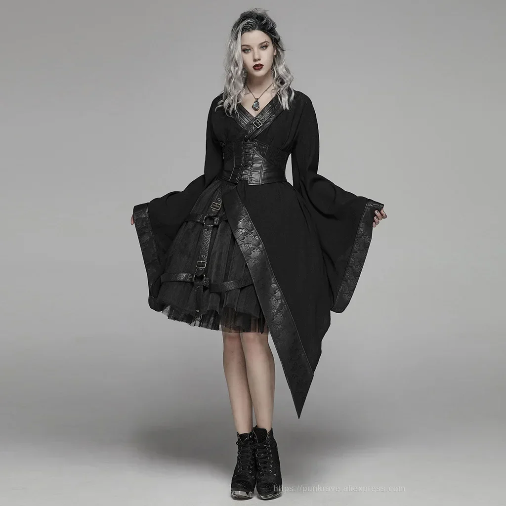 PUNK RAVE Women\'s Dark Punk Japanese Kimono Asymmetric Adjustable Party Club Stage Performance Irregular Personality Dress