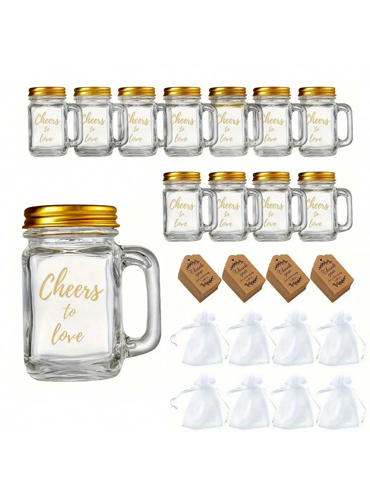 12 Pcs Mini Mason Jar Shot Glasses with Handles and Gold Lids for Guests Bulk with Labels, Cards & Organza Bags for Wedding Gift