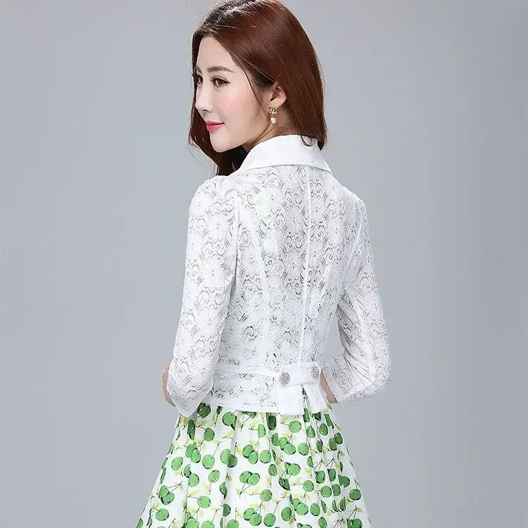 Women Fashion White Short Slim Blazer Hollow Lace Jacket Three Quarter Sleeve Casual  Office Ladies Work Wear