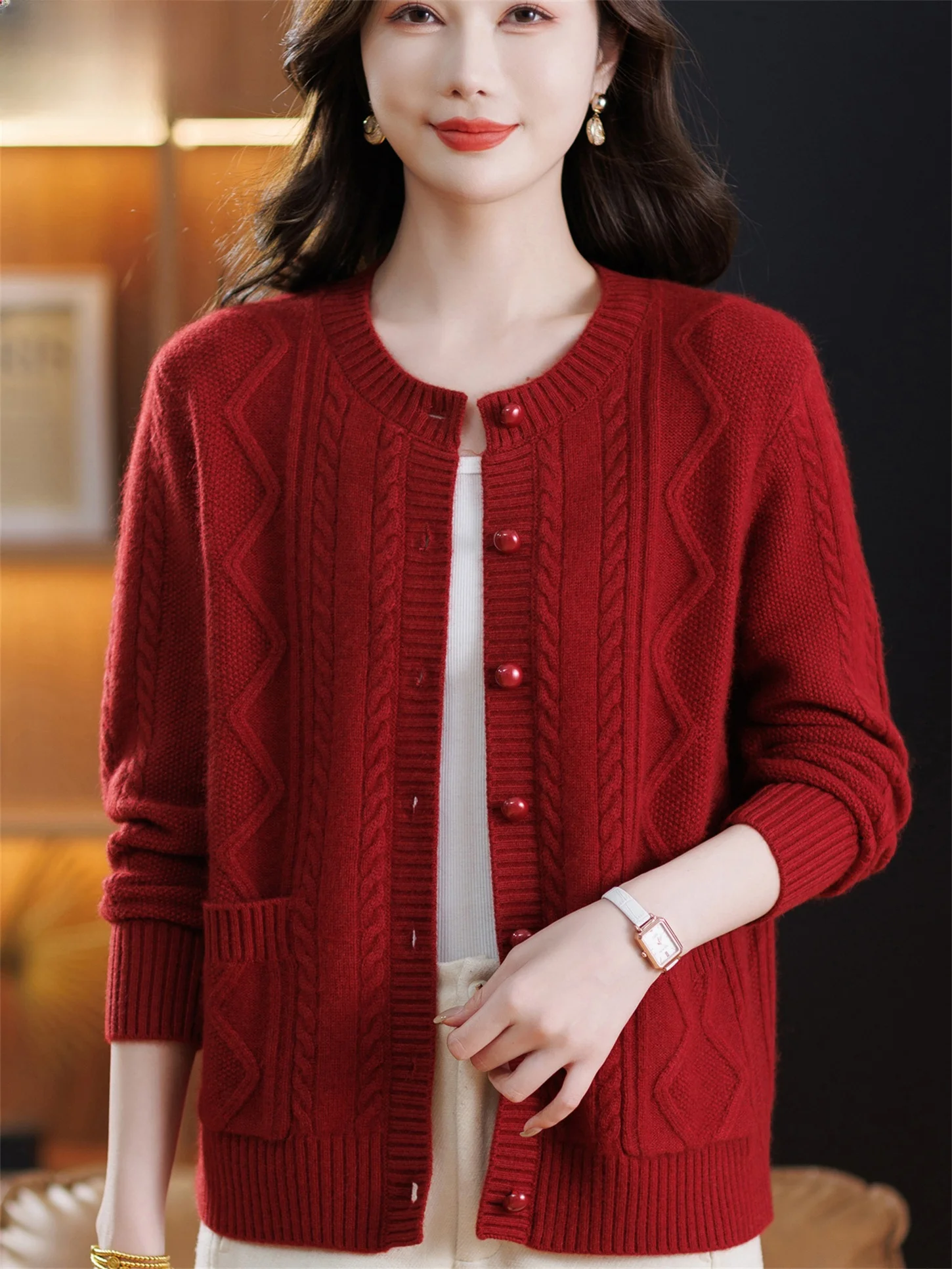 

Thiened Pure Woolen Long Sve круглый открытый кардиган на пуговицах, теплая внутренняя одежда для женщин среднего возраста, осень-зима, новинка S...