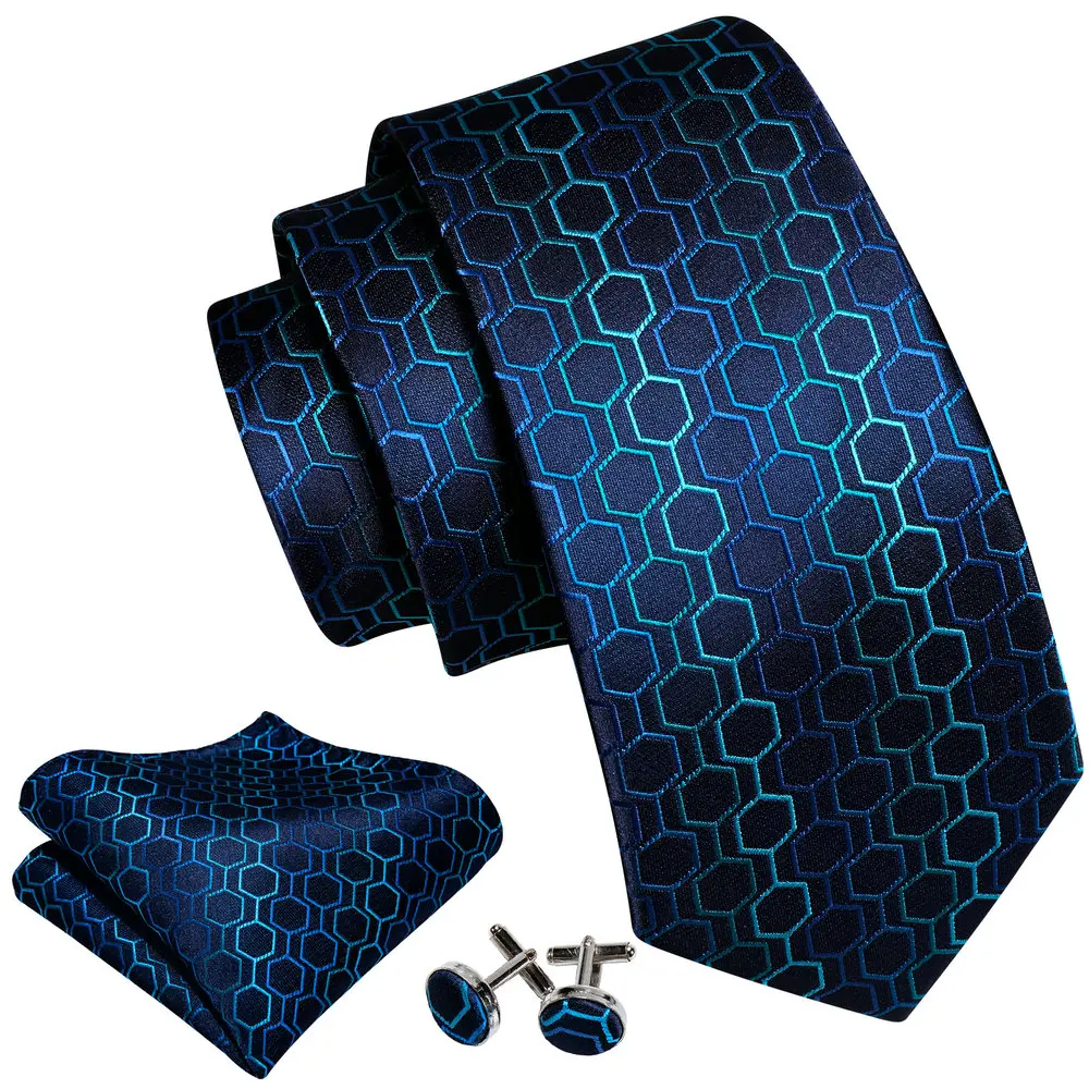 New Geometric Pattern Ties For Men Designer Blue Woven Jacquard Silk Necktie Handkerchief Cufflinks Sets Formal Party Barry.Wang