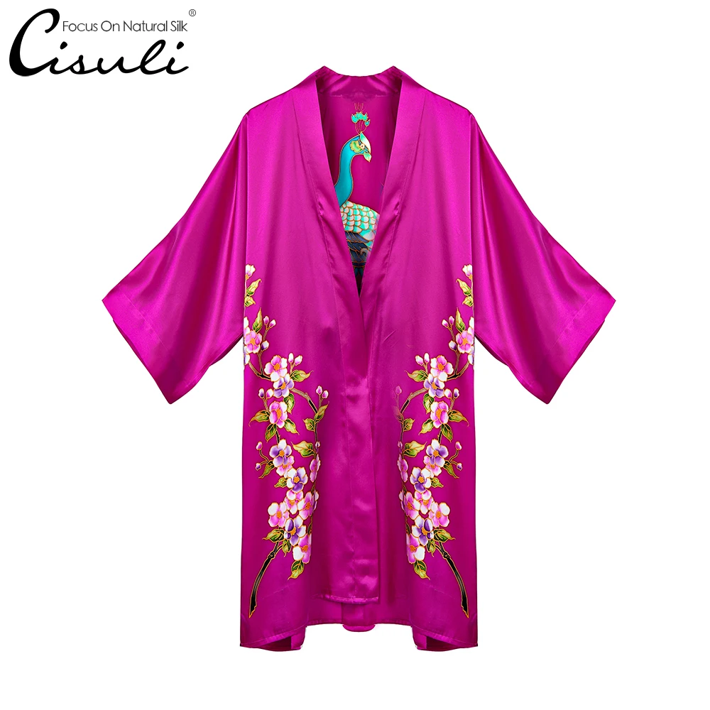 CISULI 100% Mulberry Silk Satin Kimono Sleepwear Robe Pure Soie Hand Painting Peacock Pattern