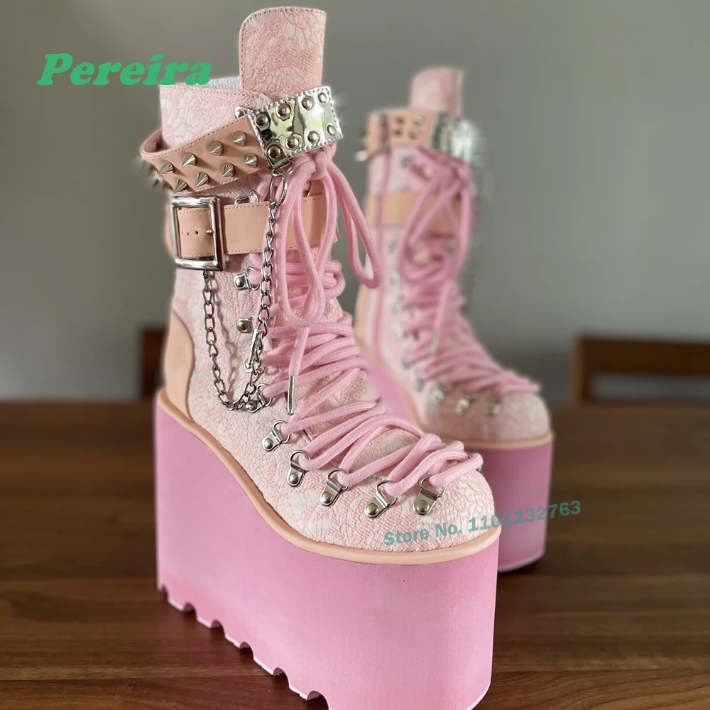 Pink Rivet Punk Boots Platform 14 Cm High Heels Belt Buckle Chain Decor Women Men Shoes Lace Up Y2K Cute Ankle Boots Handmade