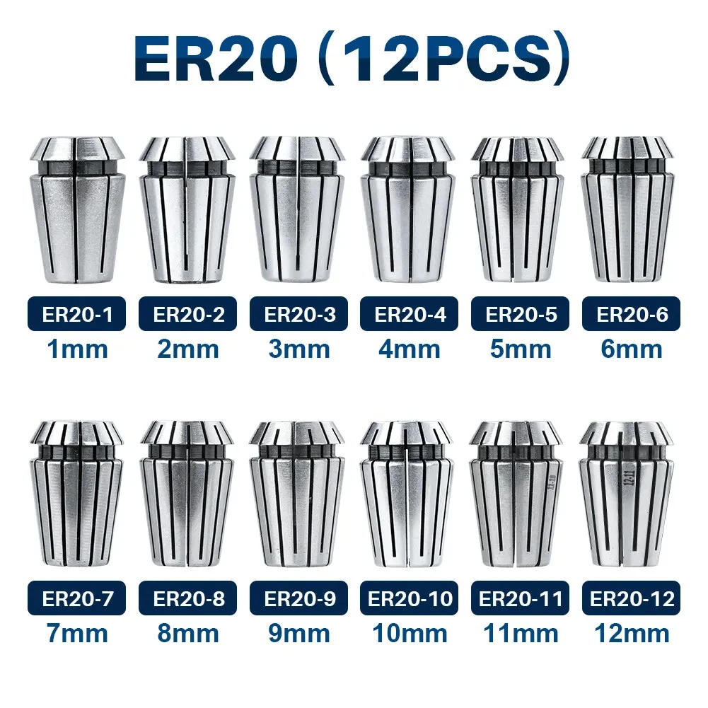 

12pcs ER20 Precision Spring Collet Set For CNC Engraving Milling Drilling Lathe Chuck Tool Spindle Machines Turning Tool