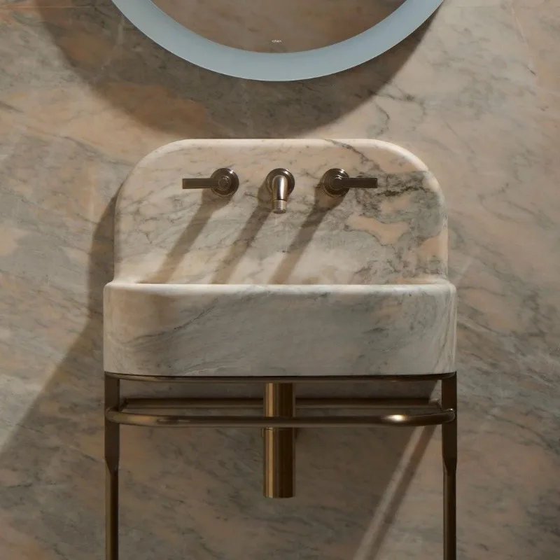 Marble floating single basin sink light pink dark gray vein wall-mounted modern home room