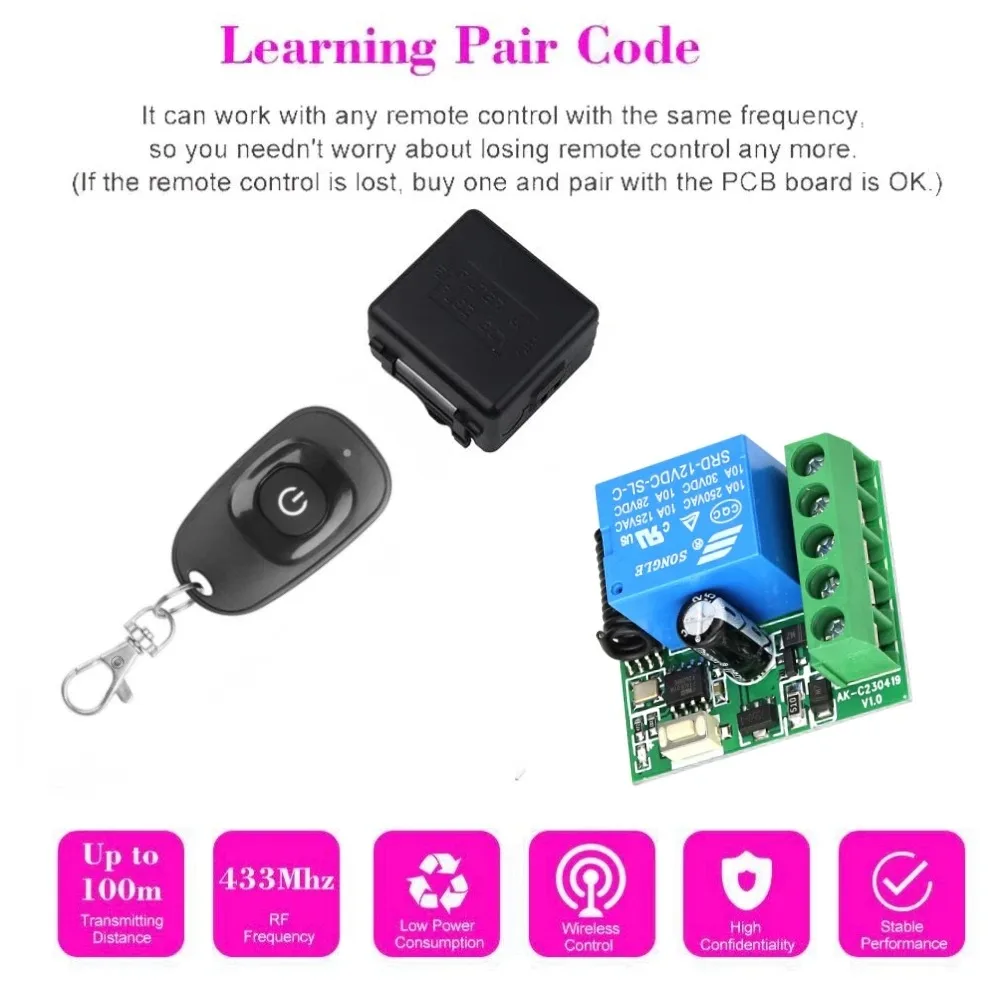 Universal 433Mhz Learning Remote Control Wireless Remote Control Switch Button DC 12V 1CH Relay Receiver Module RF Transmitter