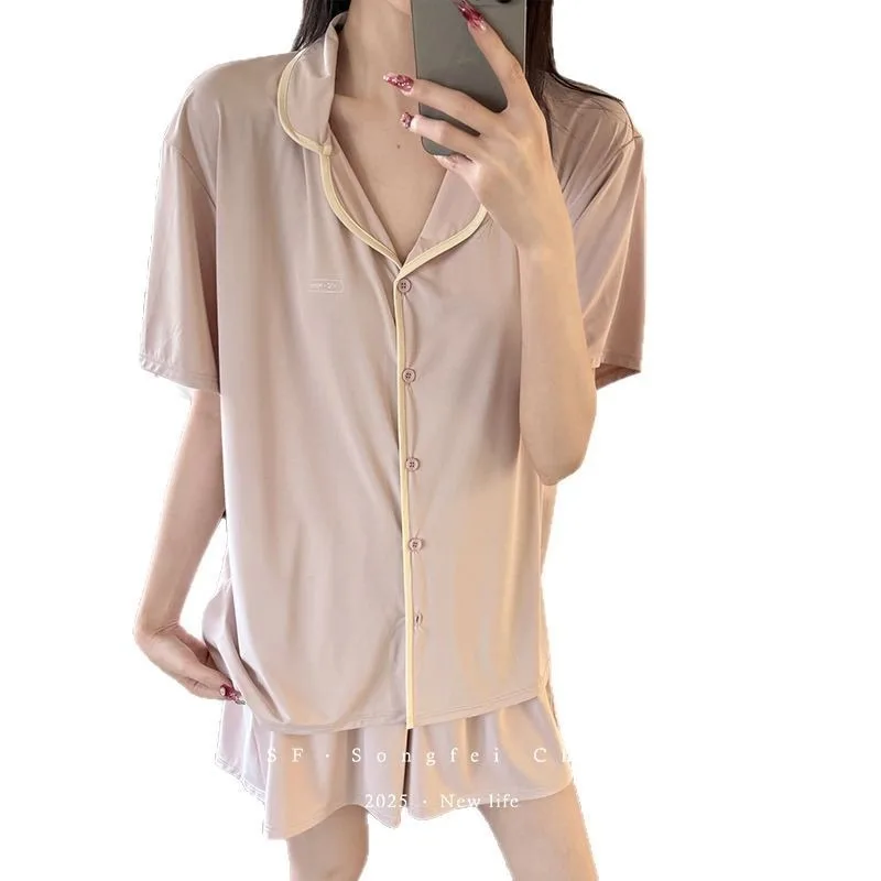 Summer and Autumn Casual Pajama Set Cool and Contrasting Color New Short Sleeves and Shorts Two-piece Fashionable Home Wear Set