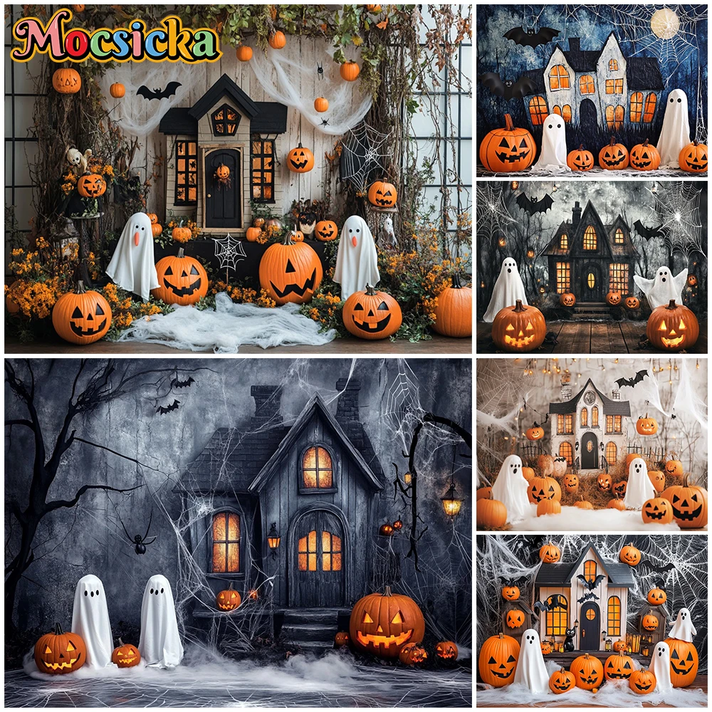 

Mocsicka Halloween House Backdrop Photography Children Kid Autumn Pumpkin Party Background Bat Imp Ghost Spider Web Decor Banner