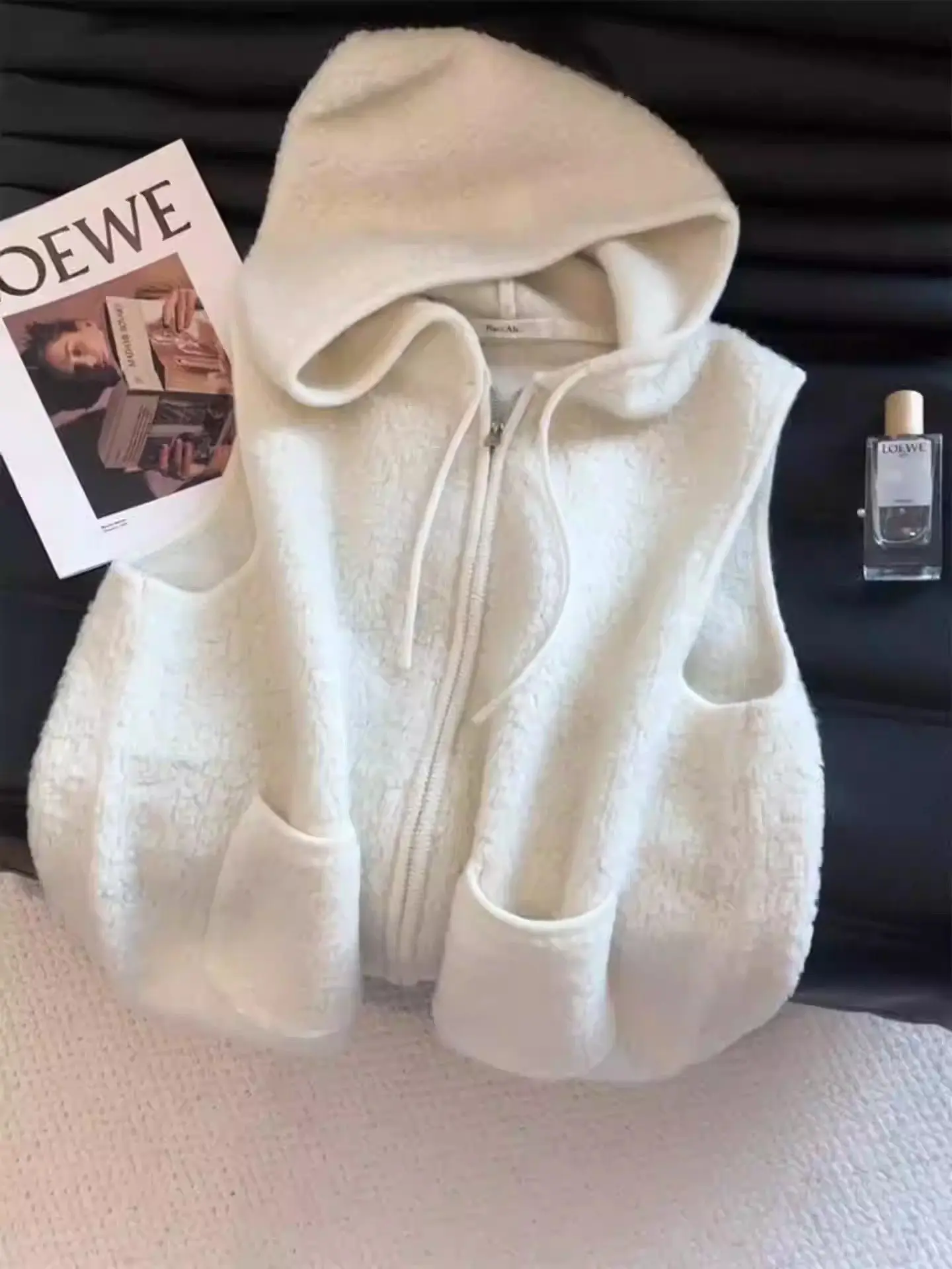   Damska kamizelka z dzianiny z kapturem, z futra jagnięcego, codzienna, uniwersalna, wyszczuplająca, elegancki design, zimowa odzież wierzchnia.