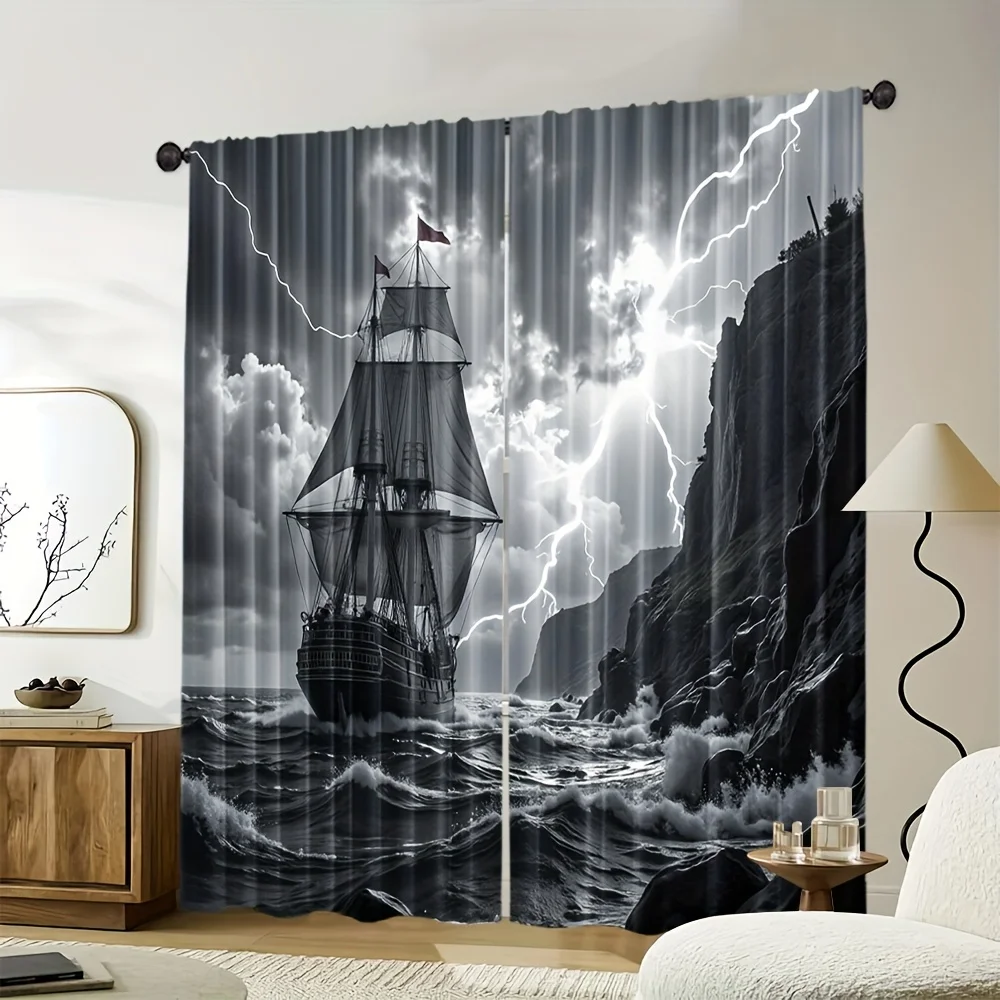 3D Black and White Pirate Ship Curtains, Stormy Sea Sailing Boat Drapes for Living Room, Nautical Adventure Window Treatment
