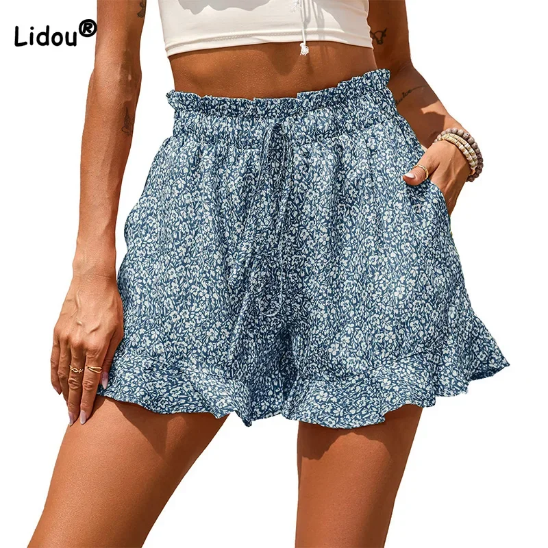 

Summer Fashion Pockets Waistband Shorts Drawstring Mid Waist Fragmented Floral Print Chiffon Casual Five Cent Pants Female