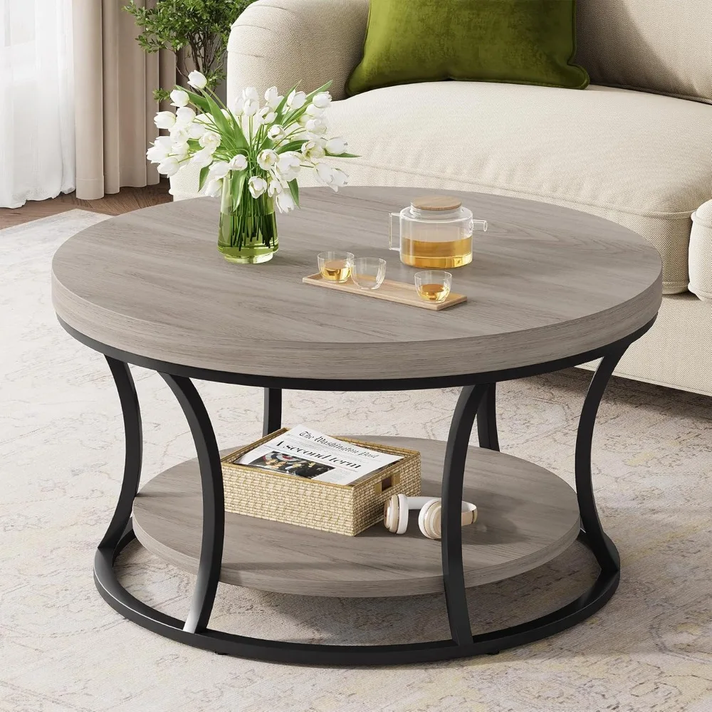 

Round Coffee Table For Living Room, 2-Tier Circle Coffee Table With Storage, Accent Center Table Modern Design, Gray Brown And B