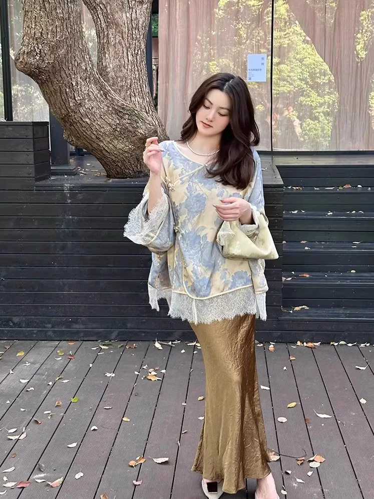 

New Chinese Sle Zen National Trend Women's Lace Sun Protection Top Coat Breathable Loose Fit Long Sve V-Ne irt