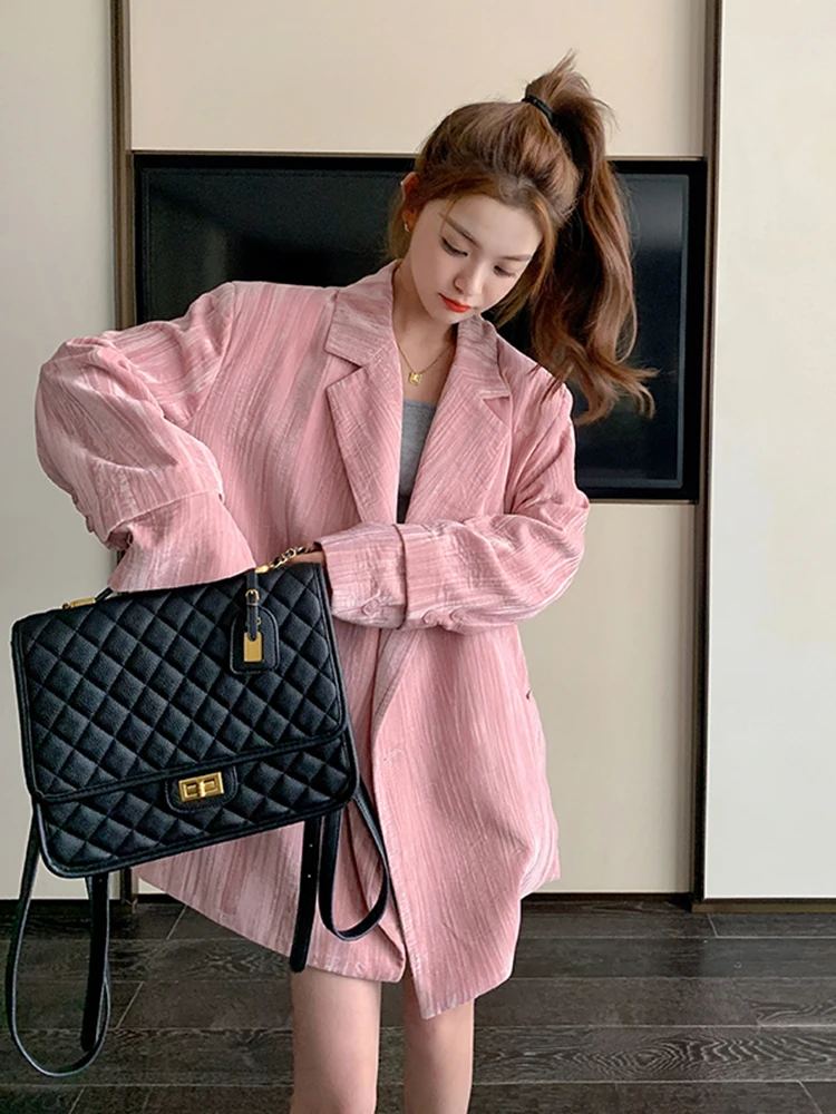 LANMREM Pink Blazers For Women Notched Long Sleeves Loose Big Size Female Korean Chic Coat 2024 Spring Autumn New 2DA3936