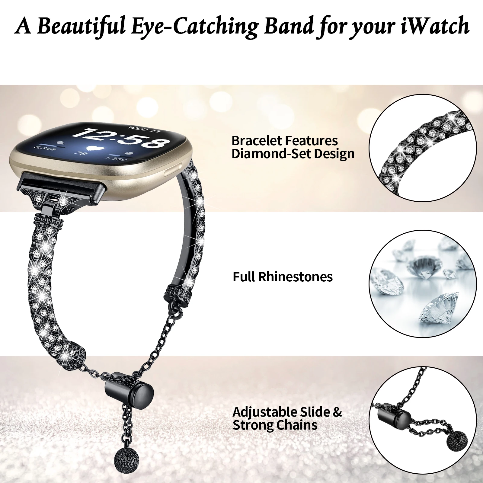 Bling Bands for Fitbit Versa 3 4 Sense Watch Metal Wristband Loop for Versa 4 3 Sense 2 Women Replacement Bracelet Accessories