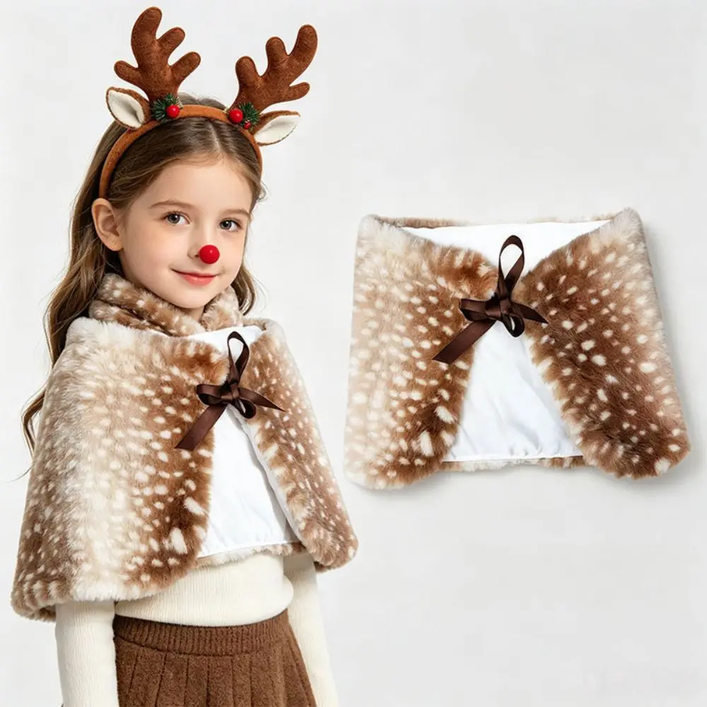 Reindeer Pattern Deer Pattern Shawl Ribbon Tie Closure Soft Texture Shoulder Wrap Warm Fabric Ribbon Tie Cape For Girls