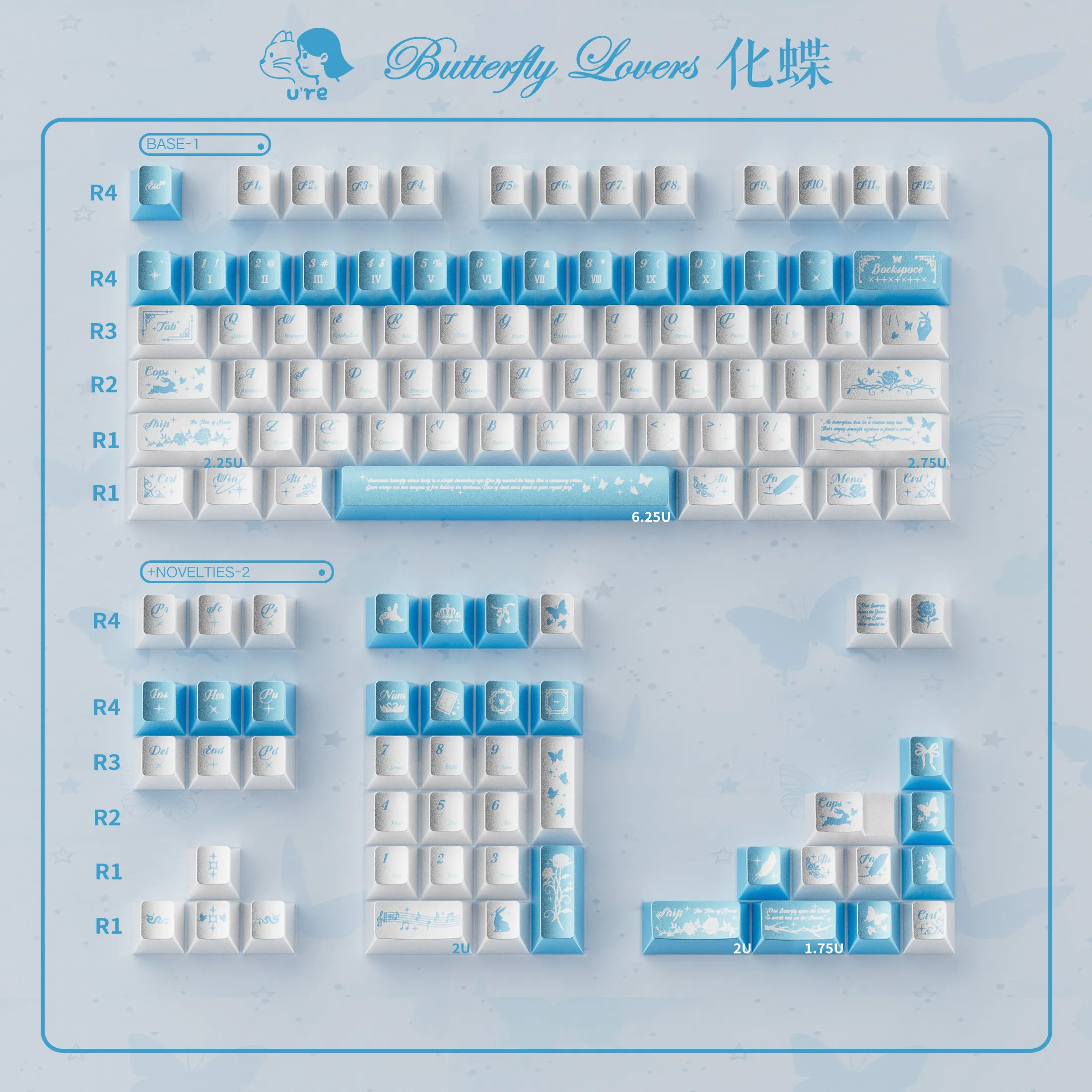 URE Blue Butterfly Theme Keycaps 121Keys Metallic Pearlescent PBT Dye-Sub Keycaps For MX Switch Mechanical Keyboard