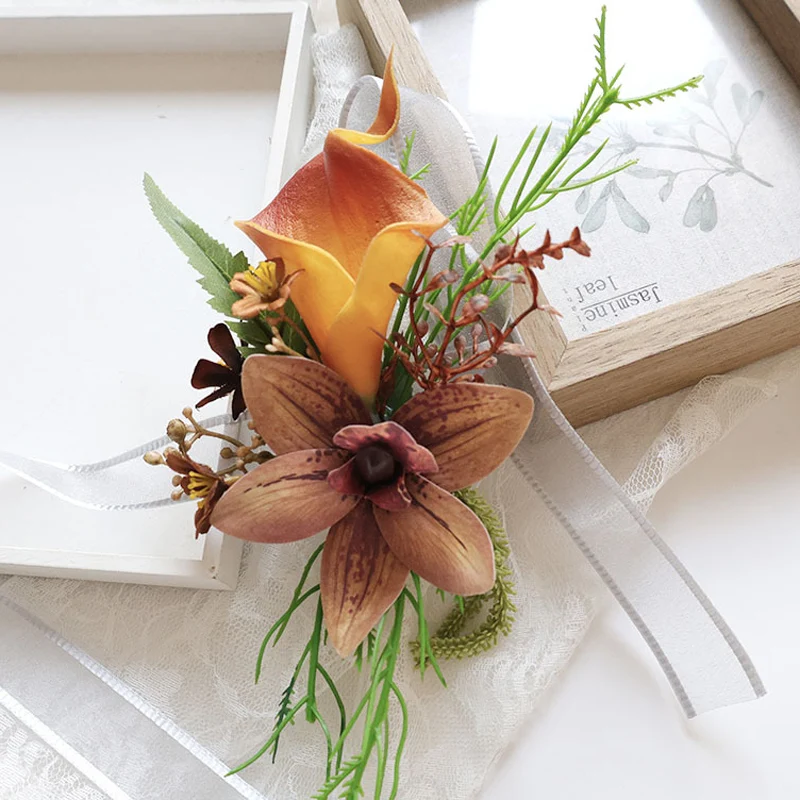 

25021 Coffee color Bohemian Rose Flower Corsage & Wristlet Set - Perfect for Brides, Groomsmen, and Wedding Decorations