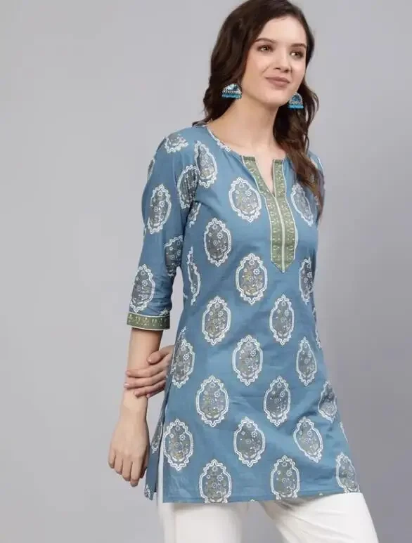 Indian Clothing Women's Pure Cotton Printed Short Crop Sleeve Top Blue