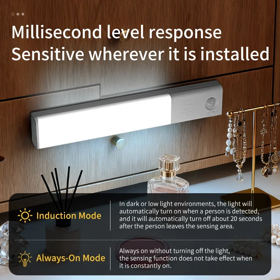 Sensor de corpo humano automático inteligente, 25cm, luzes de barra led, recarregável, luzes de armário, atração magnética, 3 cores, luz noturna
