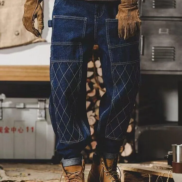 

Four Seasons Men’s 2025 New Fashion American Vintage Cargo Jean Pants Casual Trendy Loose Wide Leg Dark Blue Denim Trousers Male