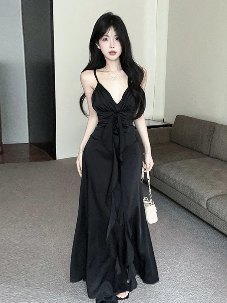 

Ele Satin Sa Flower Waist Cinched Strapl Dr Sexy V-ne Long Dr A-line Skirt Sle Summer Season No Sve