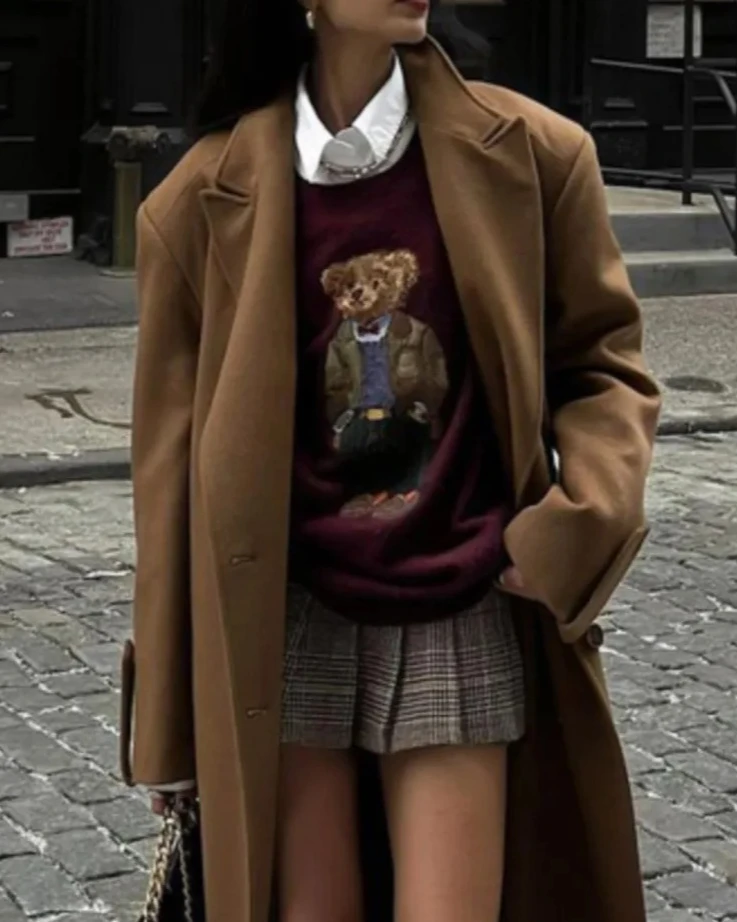 

New Autumn Winter Bear Embroidery Slim Fit Long Sleeve Women Sweater, Vintage Warm Knitwear