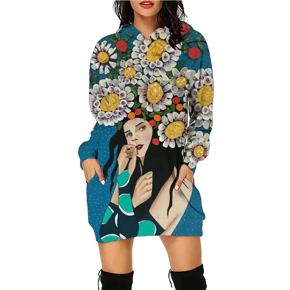 

Sunflower Hoodie Dress Women Daily Printed Workout Hoodies Long Sleeve Pullover Autumn Winter Loose Tees Traf Vestido Feminino