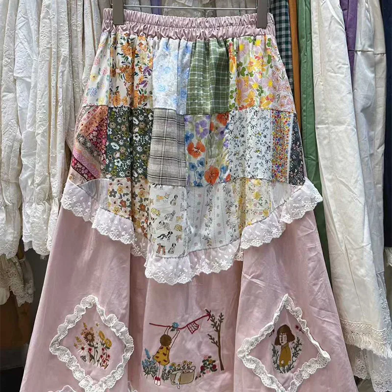 Autumn Winter Japanese Pastoral Style Women's Plaid & Floral Patchwork High-Waisted A-Line Midi Skirt with Thin Fleece Lining