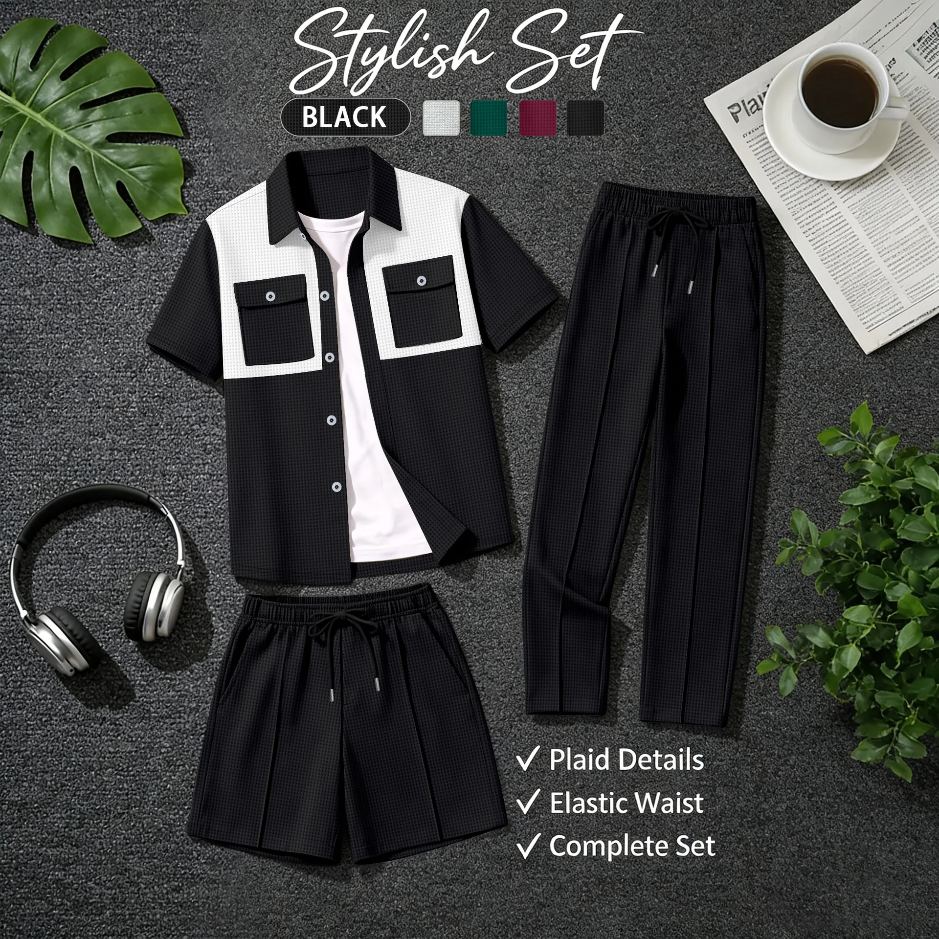 2026 Summer Men's 3 Piece Waffle Knit Outfit - Color Block Short Sleeve Button Down Shirt, Shorts & Long Pants Set Casual Tracks