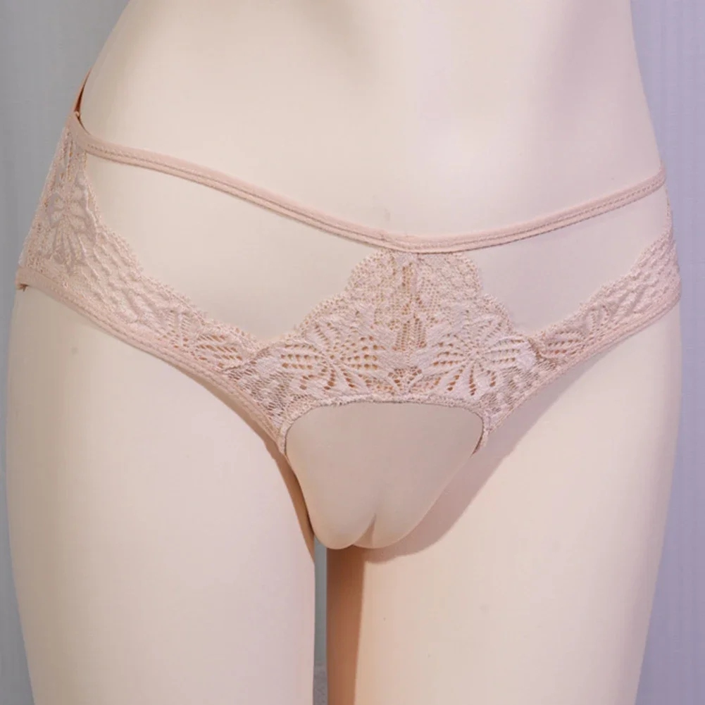 Men Sissy Sexy Lace Embroidered Hollowed Out Panties Hiding Gaff Crossdresser Transgender Shaping Panties Solid Male Briefs